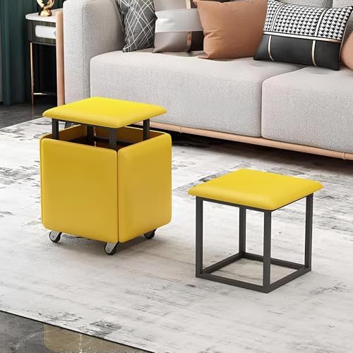 QAZXDRFG 5-in-1-Ottoman-Würfelsessel, stapelbarer Lederhocker mit Stauraum und Rollen, Fußhockerbank für Kammer-Wohnzimmer, praktisch (gelb, 45 x 45 x 45 cm) von QAZXDRFG