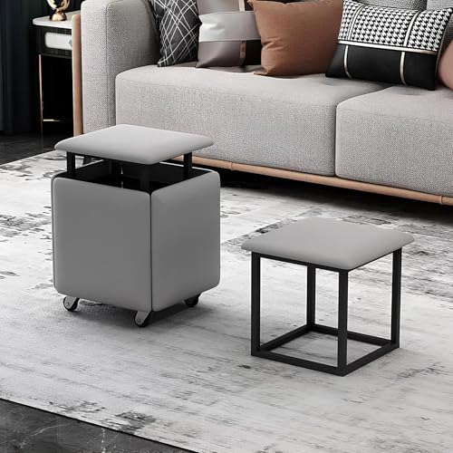 QAZXDRFG 5-in-1-Ottoman-Würfelsessel, stapelbarer Lederhocker mit Stauraum und Rollen, Fußhockerbank für Kammer-Wohnzimmer, praktisch (grau, 45 x 45 x 45 cm) von QAZXDRFG