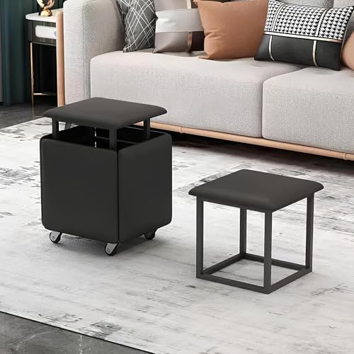 QAZXDRFG 5-in-1-Ottoman-Würfelsessel, stapelbarer Lederhocker mit Stauraum und Rollen, Fußhockerbank für Kammer-Wohnzimmer, praktisch (schwarz, 45 x 45 x 45 cm) von QAZXDRFG