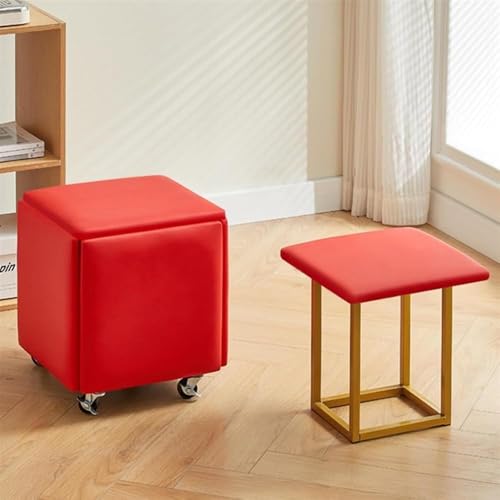 QAZXDRFG 5-in-1-Ottoman-Würfelsessel mit Rollen, stapelbare Lederhocker mit Metallrahmen, mobiler Fußhocker für Wohnzimmer, Esszimmer, praktisch (Rojo, L) von QAZXDRFG