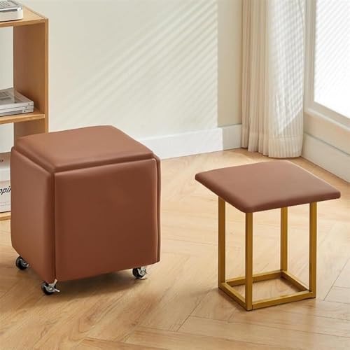 QAZXDRFG 5-in-1-Ottoman-Würfelsessel mit Rollen, stapelbare Lederhocker mit Metallrahmen, mobiler Fußhocker für Wohnzimmer und Esszimmer, praktisch (Braun, CH) von QAZXDRFG