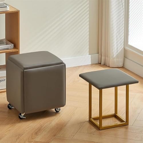 QAZXDRFG 5-in-1-Ottoman-Würfelsessel mit Rollen, stapelbare Lederhocker mit Metallrahmen, mobiler Fußhocker für Wohnzimmer und Esszimmer, praktisch (Grau, CH) von QAZXDRFG