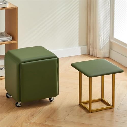 QAZXDRFG 5-in-1-Ottoman-Würfelsessel mit Rollen, stapelbare Lederhocker mit Metallrahmen, mobiler Fußhocker für Wohnzimmer und Esszimmer, praktisch (Grün, L) von QAZXDRFG