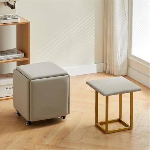 QAZXDRFG 5-in-1-Ottoman-Würfelsessel mit Rollen, stapelbare Lederhocker mit Metallrahmen, mobiler Fußhocker für Wohnzimmer und Esszimmer, praktisch (Natur, L) von QAZXDRFG