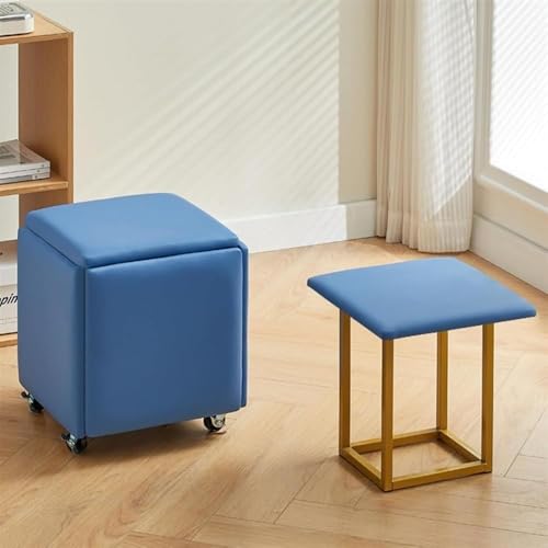 QAZXDRFG 5-in-1-Ottoman-Würfelsessel mit Rollen, stapelbare Lederhocker mit Metallrahmen, mobiler Fußhocker für Wohnzimmer und Esszimmer, praktisch (blau, CH) von QAZXDRFG