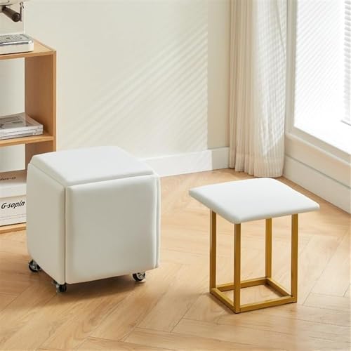 QAZXDRFG 5-in-1-Ottoman-Würfelsessel mit Rollen, stapelbare Lederhocker mit Metallrahmen, mobiler Fußhocker für Wohnzimmer und Esszimmer, praktisch (weiß, L) von QAZXDRFG