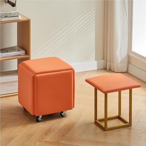 QAZXDRFG 5-in-1-Ottomane, Würfelsessel, Fußhocker, stapelbarer Lederhocker mit Rädern, Fußstützenhocker für Wohnräume, langlebig (Orange, L) von QAZXDRFG