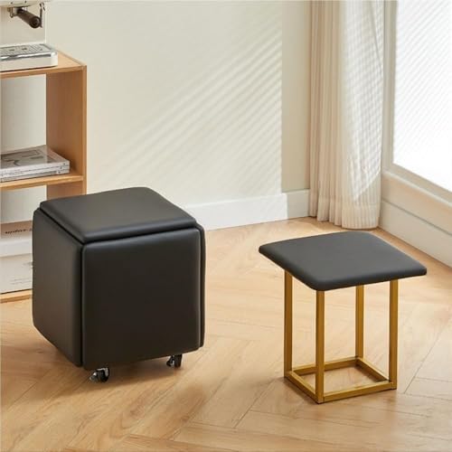 QAZXDRFG 5-in-1-Ottomane, Würfelsessel, Fußhocker, stapelbarer Lederhocker mit Rädern, Fußstützenhocker für Wohnräume, langlebig (Schwarz, L) von QAZXDRFG