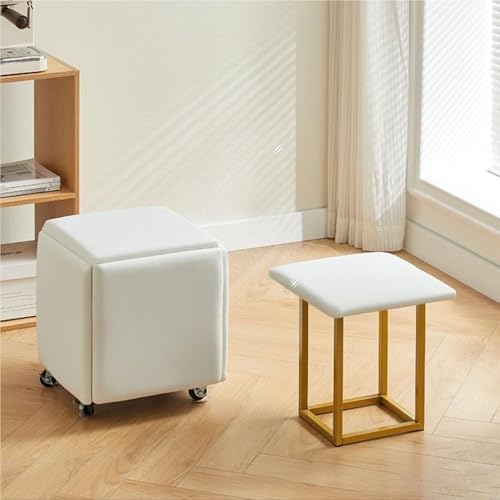 QAZXDRFG 5-in-1-Ottomane, Würfelsessel, Fußhocker, stapelbarer Lederhocker mit Rädern, Fußstützenhocker für Wohnräume, langlebig (weiß, M) von QAZXDRFG
