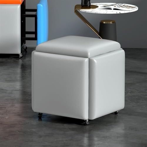 QAZXDRFG 5-in-1-Ottomane-Würfelsessel aus Leder, stapelbar, mit drehbaren Rollen, Fußstütze, Fußhocker für Wohnzimmer, Esszimmer, praktisch (grau, L) von QAZXDRFG