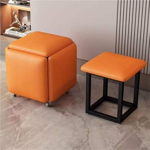 QAZXDRFG 5-in-1-Ottomanen-Würfelhocker-Set aus Leder, stapelbare Sofastühle mit Lenkrollen, beweglicher Fußhocker, Frisiertisch, praktisch (Orange, Klein) von QAZXDRFG