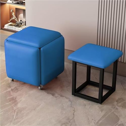 QAZXDRFG 5-in-1-Ottomanen-Würfelhocker-Set aus Leder, stapelbare Sofastühle mit Lenkrollen, beweglicher Fußhocker, Frisiertisch, praktisch (blau, mittel) von QAZXDRFG