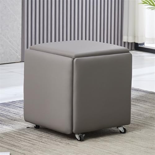 QAZXDRFG 5-in-1-Sitzwürfel-Fußhocker, quadratische Ottomanenbank aus Leder, ineinander stapelbarer Ottomanenhocker mit Rädern, beweglicher Frisiertischstuhl für das Wohnzimmer, langlebig (grau, groß) von QAZXDRFG