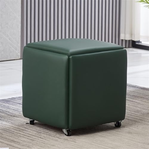 QAZXDRFG 5-in-1-Sitzwürfel-Fußhocker, quadratische Ottomanenbank aus Leder, ineinander stapelbarer Ottomanenhocker mit Rädern, beweglicher Frisiertischstuhl für das Wohnzimmer, langlebig (grün, groß) von QAZXDRFG
