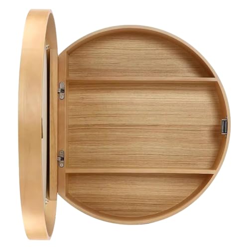 QAZXDRFG Badezimmer-Spiegelschrank mit Klapptür, Wandmontage, dekorative Wandmontage, rund, zum Aufhängen, Kosmetikeinheit (Holzfarbe, 50 cm) von QAZXDRFG