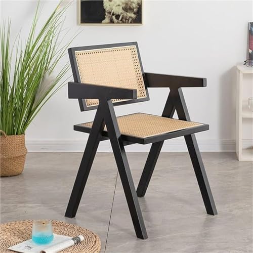 QAZXDRFG Retro-Esszimmerstuhl aus Rattan, Mid-Century-Akzent-Seitenstuhl, Lounge-Stühle für Wohnzimmer und Esszimmer, langlebig (schwarz) von QAZXDRFG