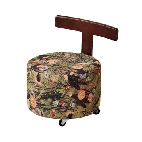 QAZXDRFG Runder Hocker aus Holz, Kleiner Fußhocker mit Universalrädern, Kleiner Stuhl mit Rückenlehne, multifunktionaler Ottomane für Schlafzimmer, Wohnzimmer (grün) von QAZXDRFG