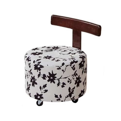 QAZXDRFG Runder Hocker aus Holz, Kleiner Fußhocker mit Universalrädern, Kleiner Stuhl mit Rückenlehne, multifunktionaler Ottomane für Schlafzimmer, Wohnzimmer (weiß) von QAZXDRFG