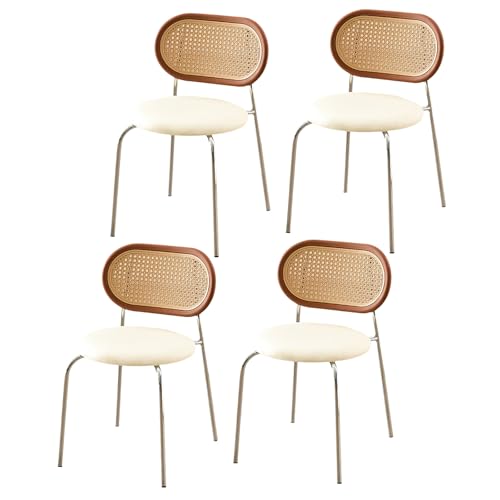 Stühle ohne Armlehnen, stapelbare Esszimmerstühle aus Metall mit Beinen aus Kohlenstoffstahl, ergonomisch gestalteter Stuhl mit gebogener Rattan-Rückenlehne und breiter, ledergepolsterter Sitzfl von QAZXDRFG