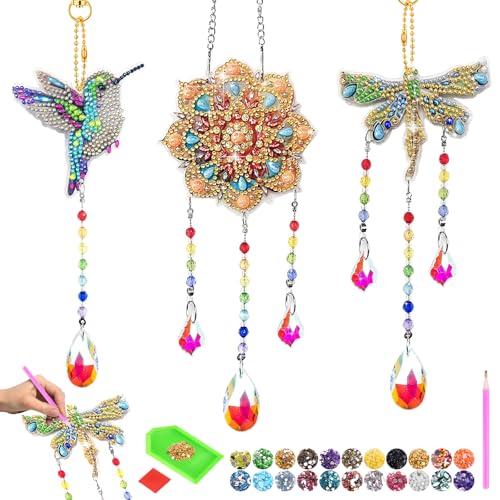 QBEJIME Diamond Painting Kinder Bastelset,Basteln Mädchen 6 7 8 9 10 Jahre, Windspiel Bastelset Mädchen 8 Jahre, Sonnenfänger Kristalle Zum Aufhängen Windspiel Basteln (Sonne+Libelle+Kolibri) von QBEJIME