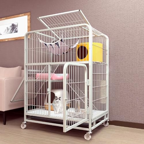 Katzenkäfige für den Innenbereich, Laufstall mit Abdeckung, Gehege mit Rollen für Katzen, Käfig mit abnehmbarem Tablett für Frettchen, Chinchillas, Kaninchen und kleine Tiere, weiß, 78 x 54 x 108 cm von QBGJDOGE