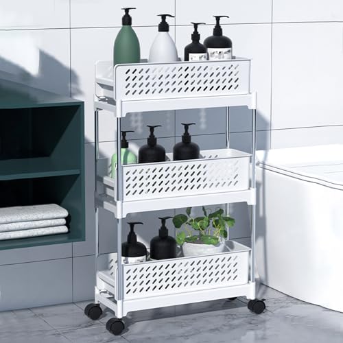 QBGJDOGE 3/4-stöckiger Aufbewahrungswagen, mobiles Regal for Badezimmer und Küche mit feststellbaren Rädern, schmaler Rollwagen aus Kunststoff(3 Tier) von QBGJDOGE
