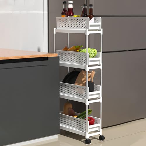 QBGJDOGE 3/4-stöckiger Aufbewahrungswagen, mobiles Regal for Badezimmer und Küche mit feststellbaren Rädern, schmaler Rollwagen aus Kunststoff(4 Tier) von QBGJDOGE