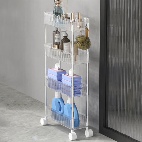 QBGJDOGE 4-stufiger Rollwagen, beweglicher Lagerwagen mit Lücken, schmale Organizer-Regale for Küche, Badezimmer und Wohnzimmer(Clear) von QBGJDOGE