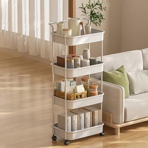 QBGJDOGE Aufbewahrungswagen mit feststellbarem Rad, mobiles Regal aus Kohlenstoffstahl, multifunktionaler Küchenrollwagen(White,4 Tier) von QBGJDOGE