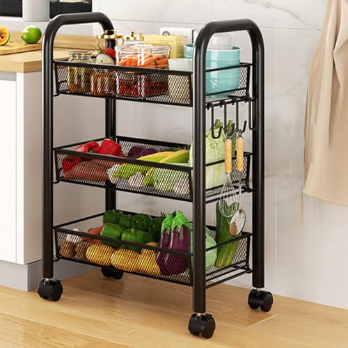 QBGJDOGE Beweglicher Lagerwagen, mehrschichtige Obst- und Gemüse-Organisationsregale mit feststellbarem Rad for das Wohnzimmer in der Küche(Black,3 Tier) von QBGJDOGE