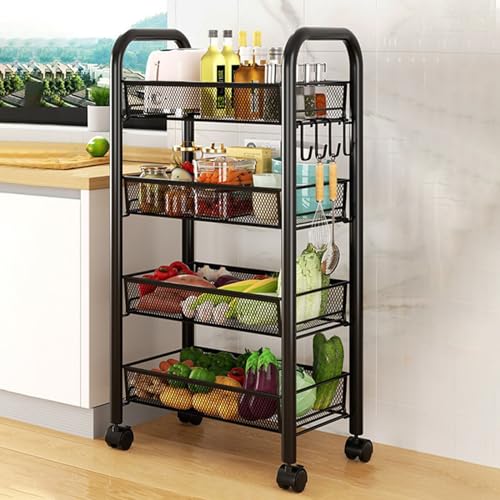QBGJDOGE Beweglicher Lagerwagen, mehrschichtige Obst- und Gemüse-Organisationsregale mit feststellbarem Rad for das Wohnzimmer in der Küche(Black,4 Tier) von QBGJDOGE