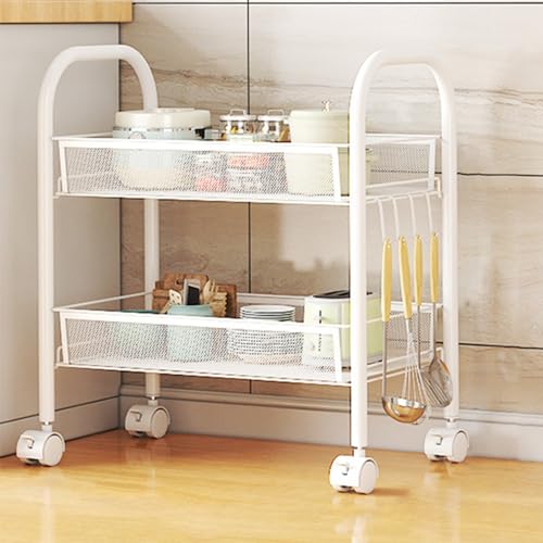 QBGJDOGE Beweglicher Lagerwagen, mehrschichtige Obst- und Gemüse-Organisationsregale mit feststellbarem Rad for das Wohnzimmer in der Küche(White,2 Tier) von QBGJDOGE
