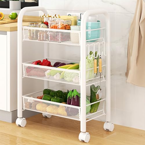 QBGJDOGE Beweglicher Lagerwagen, mehrschichtige Obst- und Gemüse-Organisationsregale mit feststellbarem Rad for das Wohnzimmer in der Küche(White,3 Tier) von QBGJDOGE