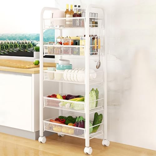 QBGJDOGE Beweglicher Lagerwagen, mehrschichtige Obst- und Gemüse-Organisationsregale mit feststellbarem Rad for das Wohnzimmer in der Küche(White,5 Tier) von QBGJDOGE