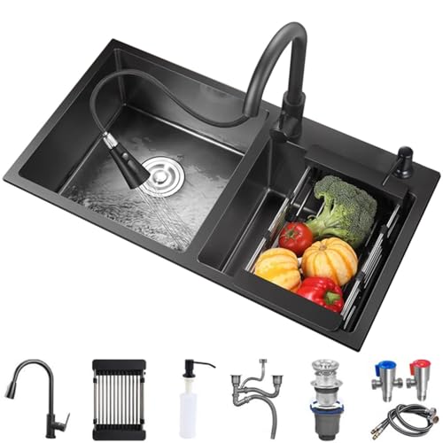QBGJDOGE Doppelspülbecken aus schwarzem Edelstahl, Nano-Bar-Spüle mit herunterziehbarem Wasserhahn, Seifenspender und Abflusskomponenten, ideal for Wohnmobil und Bar(82x45x21cm) von QBGJDOGE
