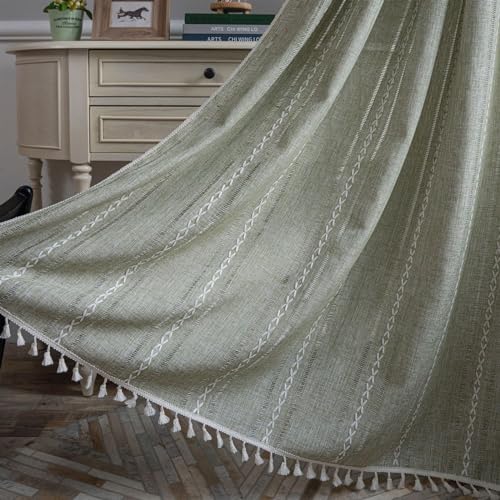 QBGJDOGE Grüne Bauernhausvorhänge for Schlafzimmer Wohnzimmer Lange Vorhänge mit Quaste Baumwollleinen Halbverdunkelungsvorhang Böhmische Quastenvorhänge(132x160cm) von QBGJDOGE