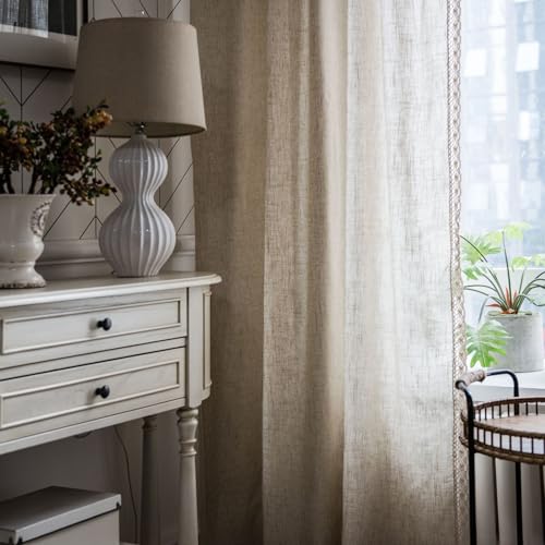 QBGJDOGE Halbverdunkelnde Fenster Häkelvorhänge Leinenstruktur Sackleinen Spitze Fenstervorhänge Paneele Retro Reine Leinenvorhänge Vorhänge for Schlafzimmer Wohnzimmer(150x220cm) von QBGJDOGE