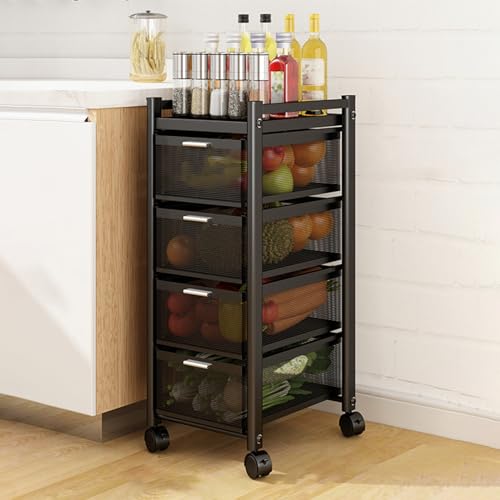QBGJDOGE Küchenrollwagen mit Schubladen, Mehrzweck-Aufbewahrungswagen aus Metall mit feststellbaren Rädern und Netzkorb(Black,4 Drawer) von QBGJDOGE