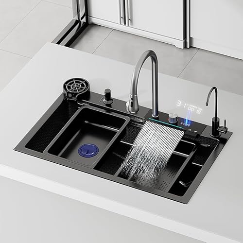 QBGJDOGE Küchenspüle aus Edelstahl mit LED-Anzeige, intelligentem Wasserfall-Design, einfacher Installation, Doppelkaskadenfunktion, inklusive Zubehör und Installationsvideo(68 X 45 X 22 Cm) von QBGJDOGE