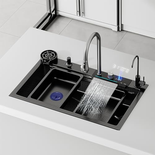 QBGJDOGE Küchenspüle aus Edelstahl mit LED-Anzeige, intelligentem Wasserfall-Design, einfacher Installation, Doppelkaskadenfunktion, inklusive Zubehör und Installationsvideo(80 X 45 X 22 Cm) von QBGJDOGE
