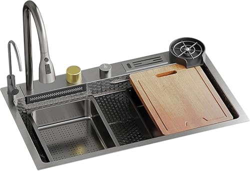 QBGJDOGE Küchenspüle aus Edelstahl mit Wasserfall links, Einzelbecken, Arbeitsstationsspüle, herunterziehbarem Wasserhahn und Messerkasten, ideal for moderne Küchen(75x45CM) von QBGJDOGE