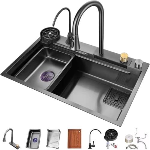 QBGJDOGE Küchenspüle mit herunterziehbarem Wasserhahn, vielseitiges Gemüsebecken mit Einzelbecken und Glasspülstation, perfekt for Kochen zu Hause, schwarzes Finish(68x45x22cm) von QBGJDOGE