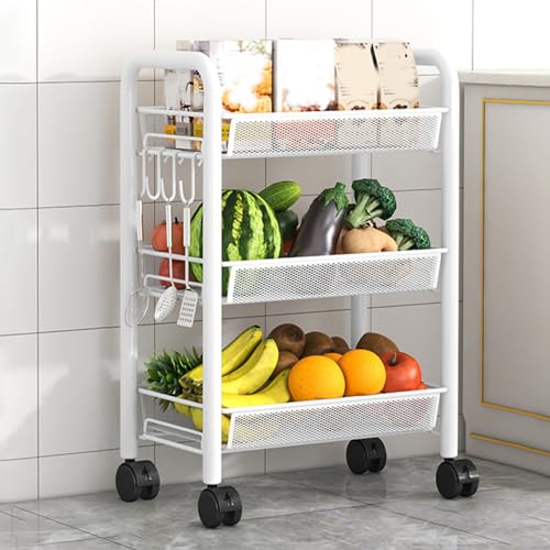 QBGJDOGE Metall-Aufbewahrungswagen for die Küche, multifunktionaler, schmaler Rollwagen mit feststellbaren Rädern und abnehmbarem Netzkorb(White,3 Tier) von QBGJDOGE