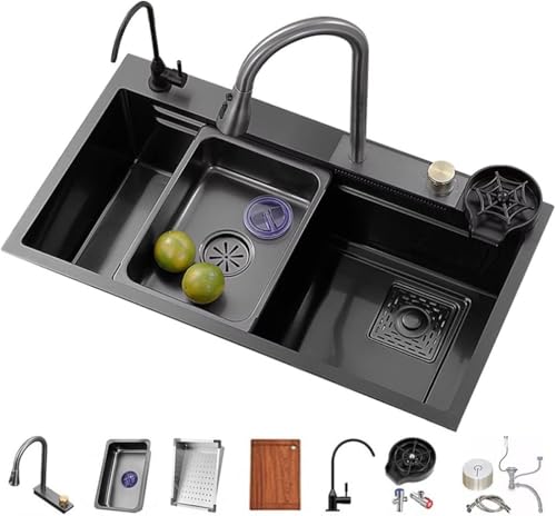 QBGJDOGE Multifunktionale Küchenspüle aus Edelstahl mit Wasserhahn, komplettes Zubehörset, schwarzer Landhausstil, Einzelbecken, langlebiges und elegantes Design(75x45x22cm) von QBGJDOGE