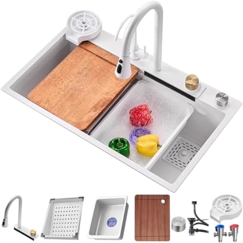 QBGJDOGE Multifunktionale Küchenspüle aus Edelstahl mit weißer Nanobeschichtung, Einzelbecken, herunterziehbarem Wasserhahn, Abflusskorb und Tassenspüler – modernes Design, langlebig(68x45x22cm) von QBGJDOGE