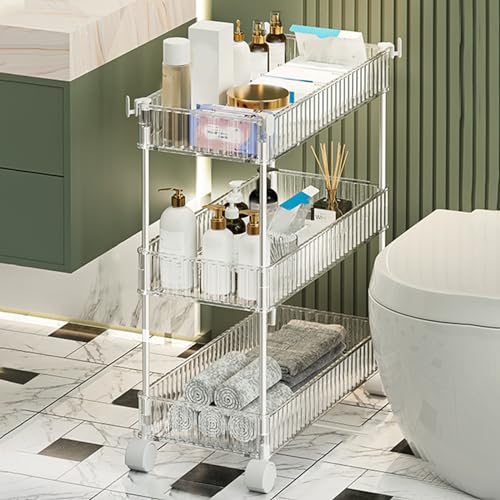 QBGJDOGE Rollwagen, Aufbewahrungswagen aus transparentem Acryl mit Rädern und Haken for Badezimmer, Küche, Büro, Schlafzimmer(C,3 Tier) von QBGJDOGE