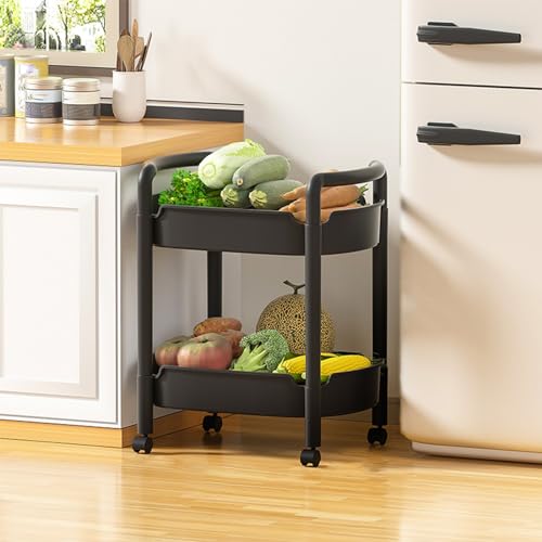 QBGJDOGE Rollwagen mit 2/3/4 Ebenen, multifunktionaler Aufbewahrungswagen aus Kunststoff, Küchenorganizer, mobiles Regal for Badezimmer(Black,2 Tier) von QBGJDOGE