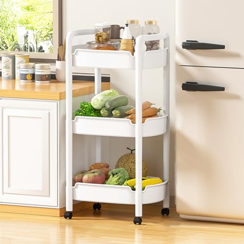 QBGJDOGE Rollwagen mit 2/3/4 Ebenen, multifunktionaler Aufbewahrungswagen aus Kunststoff, Küchenorganizer, mobiles Regal for Badezimmer(White,3 Tier) von QBGJDOGE