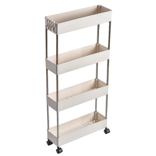 QBGJDOGE Schlanke Mehrzweck-Rollwagen, bewegliches Küchen-Organizer-Regal mit Rad und Haken, multifunktionaler Aufbewahrungswagen aus Kunststoff(4 Tier) von QBGJDOGE