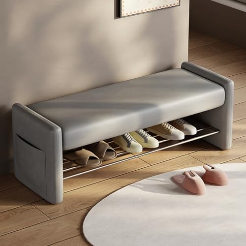 QBGJDOGE Schuhregalbank mit Kissen, Schuhbank mit Seitentaschen, Eingangsbank, Holzrahmen, Schuhaufbewahrungsbank(Grey,80cm/31.4in) von QBGJDOGE